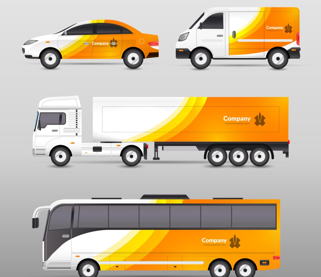 Transport advertisement design with cars bus and trucks in orange abstract identity isolated vector illustration